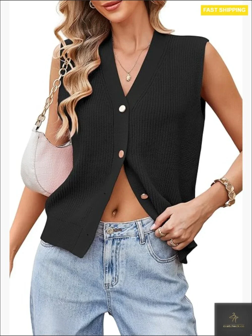 Sleeveless Cardigan Sweater Vest Knit V-Neck Button Front Trendy Layering Top